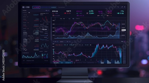 A computer monitor showing a detailed stock chart with various data points and trends.