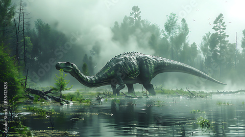 Brontosaurus walking through a swamp with mist rising from the water