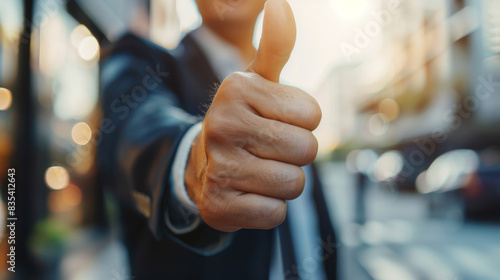 Businessman's hand giving a thumbs up in a city setting
