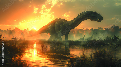 Brontosaurus walking through a swamp with mist rising from the water and other dinosaurs nearby
