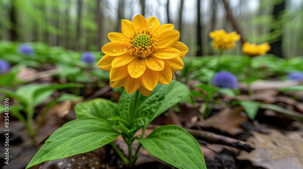 A vibrant yellow bloom nestled amidst lush green foliage and an array of azure and yellow flora in a tranquil forest setting A vibrant yellow bloom nestled amidst lush green foliage and an array of azure and yellow flora in a tranquil forest setting