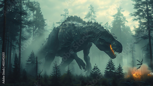 Carnotaurus stalking its prey in a dark misty forest with other dinosaurs photo