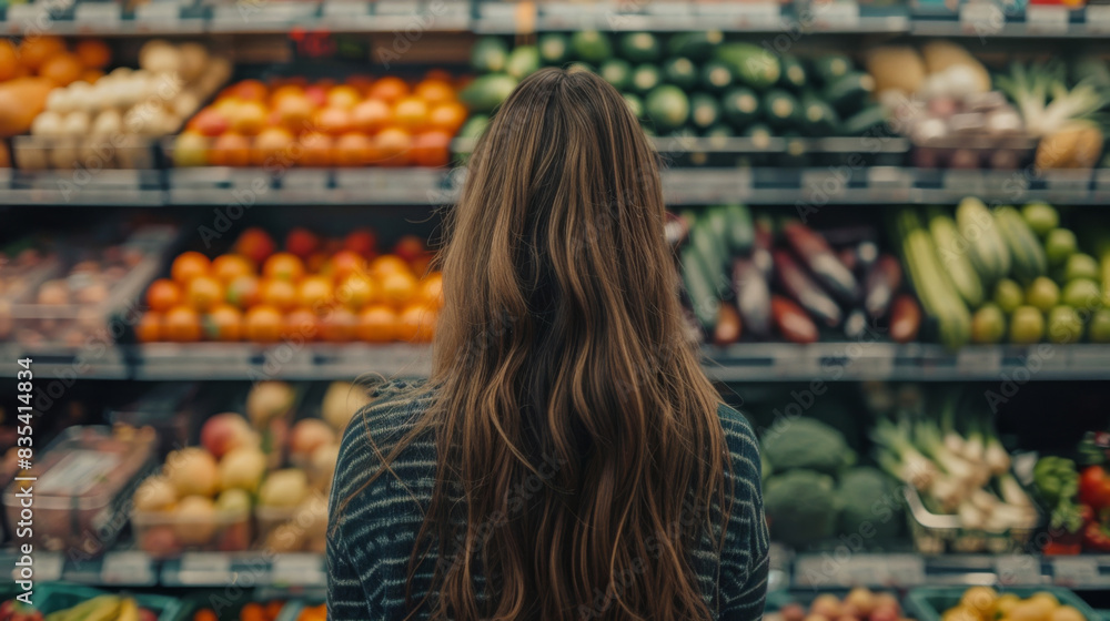 Rear view of a woman observing various fruits and vegetables in a supermarket