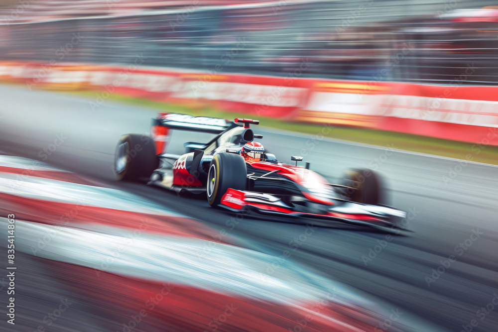 Obraz premium Race car speeding on track. Sports car with motion blur effect at Grand Prix of motorsport