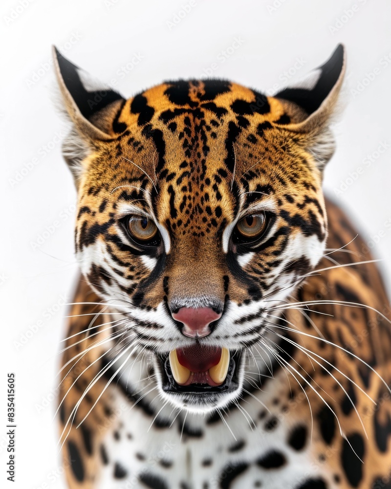 Obraz premium Mystic portrait of Amazon Ocelot, copy space on right side, Anger, Menacing, Headshot, Close-up View Isolated on white background