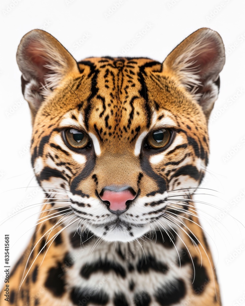 Obraz premium Mystic portrait of Amazon Ocelot, copy space on right side, Anger, Menacing, Headshot, Close-up View Isolated on white background