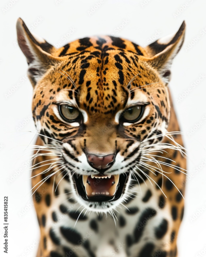 Obraz premium Mystic portrait of Pantanal Ocelot, copy space on right side, Anger, Menacing, Headshot, Close-up View Isolated on white background