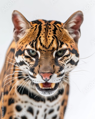 Mystic portrait of Pantanal Ocelot  copy space on right side  Anger  Menacing  Headshot  Close-up View Isolated on white background