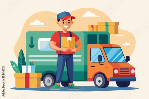 Digital Online Shop Global logistic Truck and Smiling young male postal delivery courier man in front of cargo van delivering package © ArtfuIInfusion769