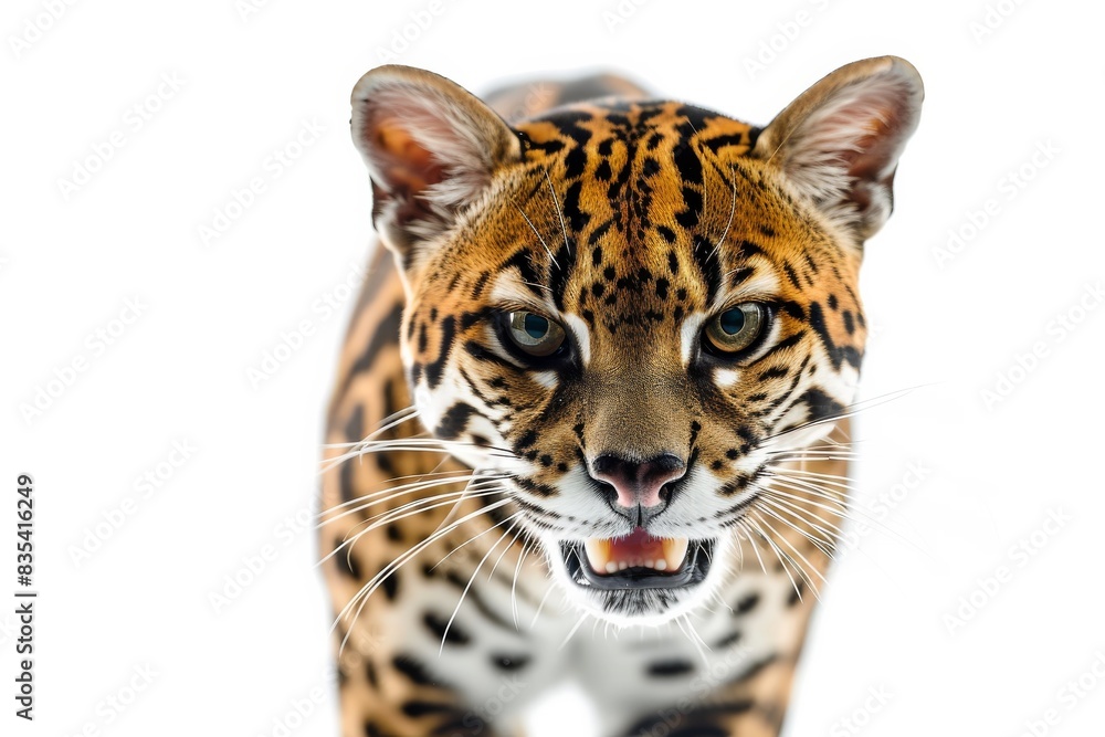 Fototapeta premium Mystic portrait of Southeastern Ocelot studio, copy space on right side, Anger, Menacing, Headshot, Close-up View Isolated on white background