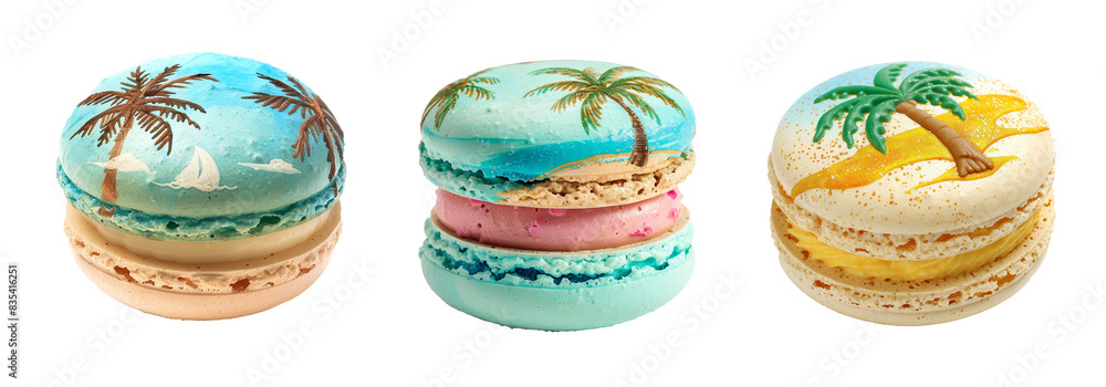 Beach-themed macarons with tropical palm tree designs transparent background Beach-themed macarons with tropical palm tree designs transparent background