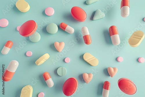 Minimalist icons like pills and hearts in abstract form, on a clean background photo