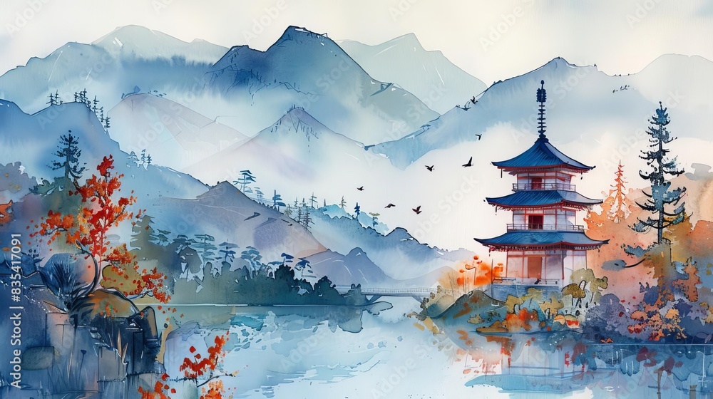 Obraz premium Experience the timeless artistry of watercolor and Chinese ink paintings depicting a serene landscape with Japanese pagoda and mountains