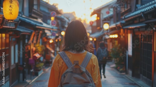 Indulge in the allure of Japanese culture as portrayed by an Asian female tourist walking along the roads of Kyoto city, immersing herself in its rich heritage photo