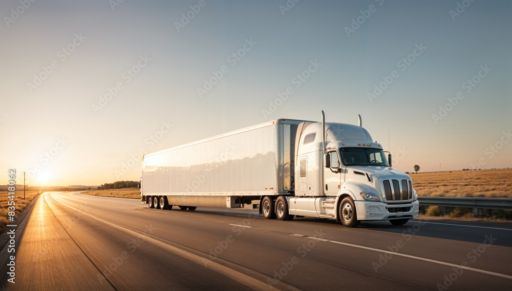 Modern white commercial truck with a blank white trailer driving on a highway in the American heartland.
Modern white commercial truck with a blank white trailer driving on a highway in the American heartland.