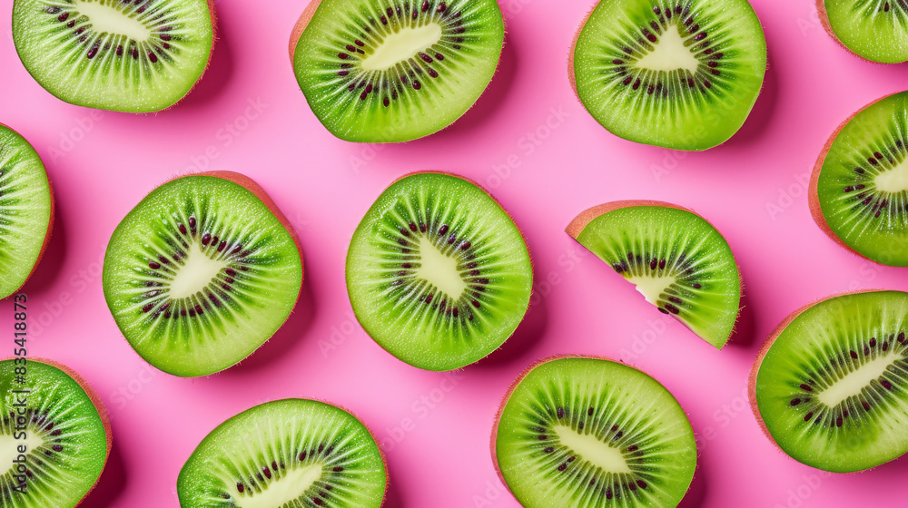 Fototapeta premium Sliced kiwi fruits on a pink background