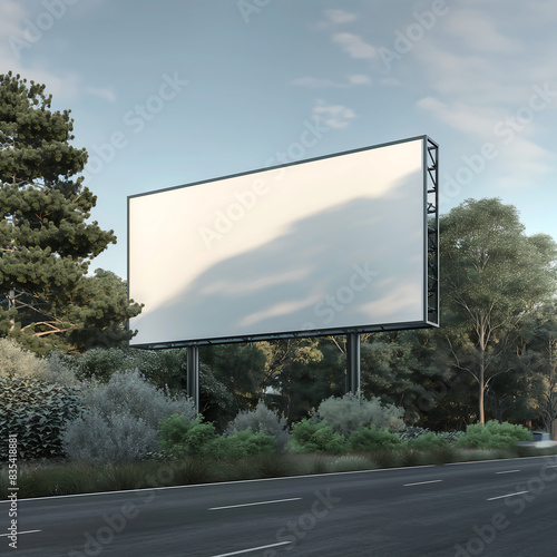 Empty billboard in a serene outdoor setting with mountains and trees perfect for advertising campaigns custom messages and brand promotions in a scenic natural landscape photo