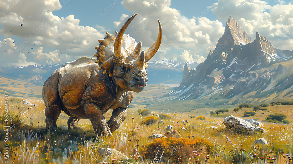 cute baby Pentaceratops grazing peacefully in a large open field with mountains in the background depicted in a painting
