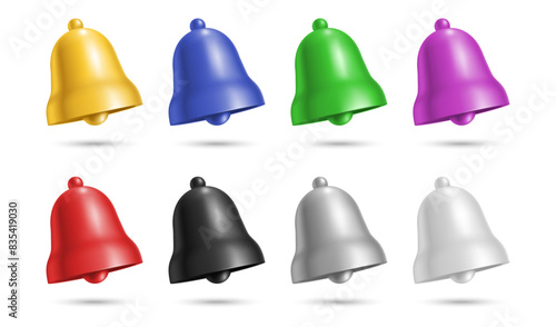 Vector set of various colored bells isolated on a plain white backdrop.