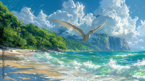 cute baby Quetzalcoatlus flying above a tropical coastline with waves crashing on the shore depicted in a painting photo