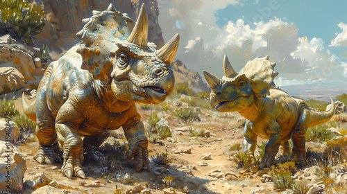 cute baby Triceratops defending its territory from a rival in a dry rocky landscape depicted in a painting