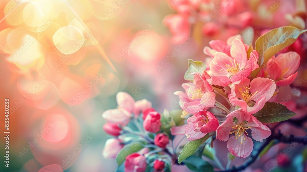 Blooming pink apple tree flowers on a spring background with beautiful sunlight Abstract orchard backdrop with space for text featuring bold colors on a sunny Easter day Blooming pink apple tree flowers on a spring background with beautiful sunlight Abstract orchard backdrop with space for text featuring bold colors on a sunny Easter day