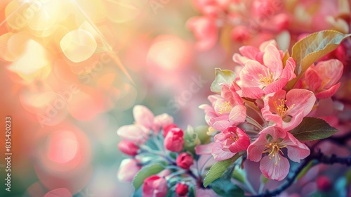Blooming pink apple tree flowers on a spring background with beautiful sunlight Abstract orchard backdrop with space for text featuring bold colors on a sunny Easter day © TheWaterMeloonProjec