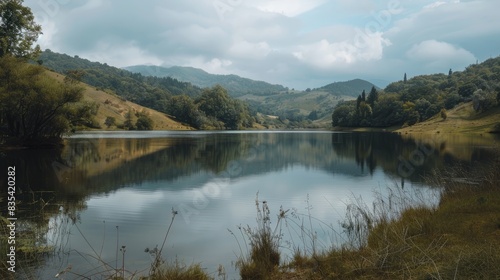 A serene and beautiful lake surrounded by hills and trees © 2rogan