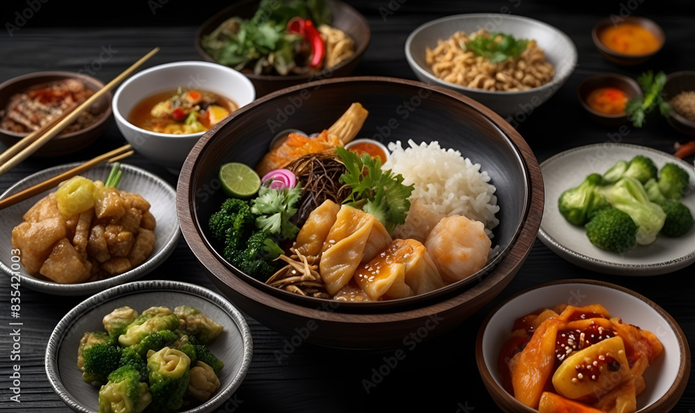 Asian cuisine, various dishes on wooden table from Asian cuisine, view from the top Asian cuisine, various dishes on wooden table from Asian cuisine, view from the top