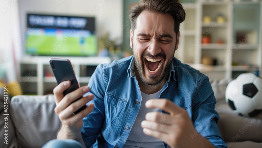 Excited Man Celebrating Winning Money on Mobile Phone While Watching Sports at Home, Joyful Expression, Victory, Success, Online Betting, Happy Moment, Modern Lifestyle, Indoor, Technology Excited Man Celebrating Winning Money on Mobile Phone While Watching Sports at Home, Joyful Expression, Victory, Success, Online Betting, Happy Moment, Modern Lifestyle, Indoor, Technology