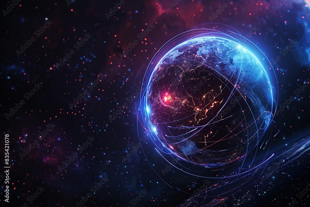 Obraz premium Earth of Digital Technology. worldwide network connection, digital art illustration