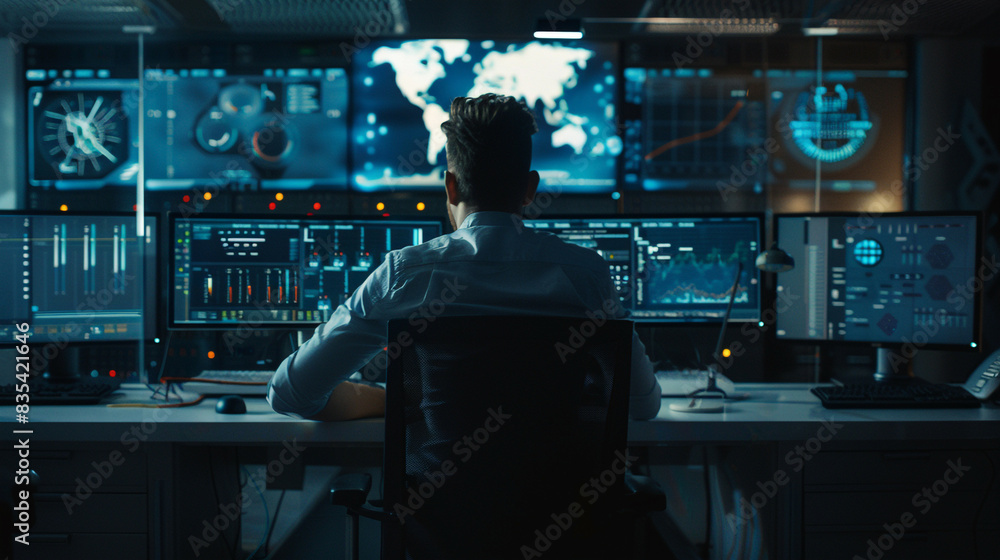 Technical controller working at his workstation with multiple displays showing various technical information alone in a system control center dimly lit environment Technical controller working at his workstation with multiple displays showing various technical information alone in a system control center dimly lit environment