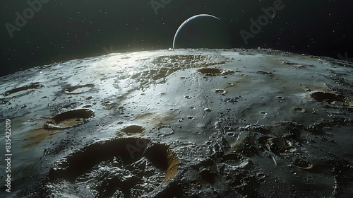 detailed closeup of the surface of Charon Pluto's largest moon with Pluto faintly visible in the background photo