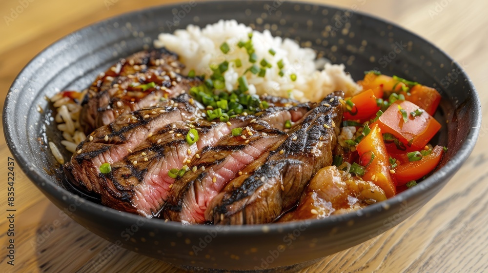 Fototapeta premium Grilled steak filet accompanied by a chicken rice bowl