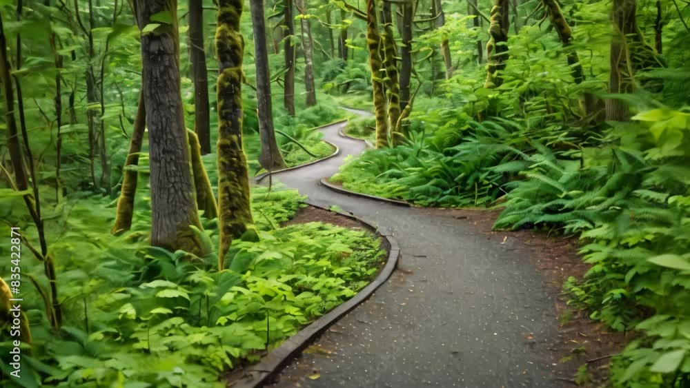 A path for biking winds its way through a dense, green forest, A scenic biking trail winding through a lush forest A path for biking winds its way through a dense, green forest, A scenic biking trail winding through a lush forest