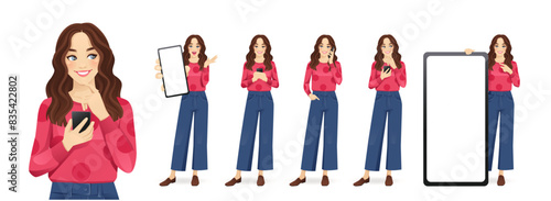 Young beautiful woman with curly hair holding mobile phone, talking, texting, thinking and showing empty screen isolated vector illustration