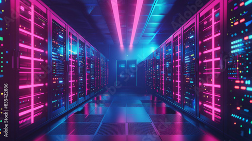 Vibrant data center scene: Operational server racks highlighting modern tech like telecommunications cloud computing AI database Dark backdrop with neon blue pink lights Futuristic feel 