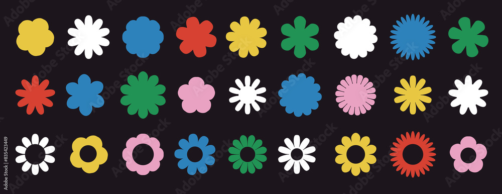 Set of abstract flowers in brutalist style. Modern vector illustration on black background. Geometric flower set. Abstract minimal daisy elements. Brutalist design. Vector illustration Set of abstract flowers in brutalist style. Modern vector illustration on black background. Geometric flower set. Abstract minimal daisy elements. Brutalist design. Vector illustration