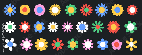 Set of abstract flowers in brutalist style. Modern vector illustration on black background. Geometric flower set. Abstract minimal daisy elements. Brutalist design. Vector illustration