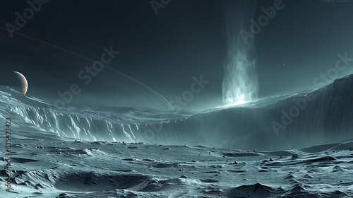 detailed image of the geysers erupting from Enceladus one of Saturn's moons with Saturn's rings faintly visible