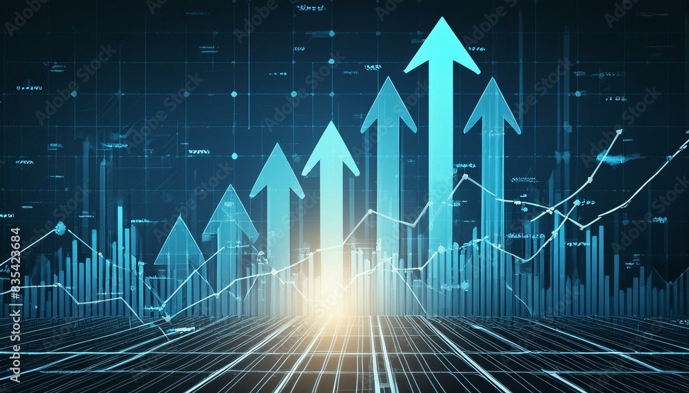 Fototapeta premium Growth arrow up and progress success business skill increase improvement graph on market profit stock background with goal of achievement futuristic finance economy