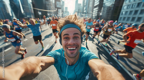 Young man durint the maraton or runner race take a selfie © Erzsbet