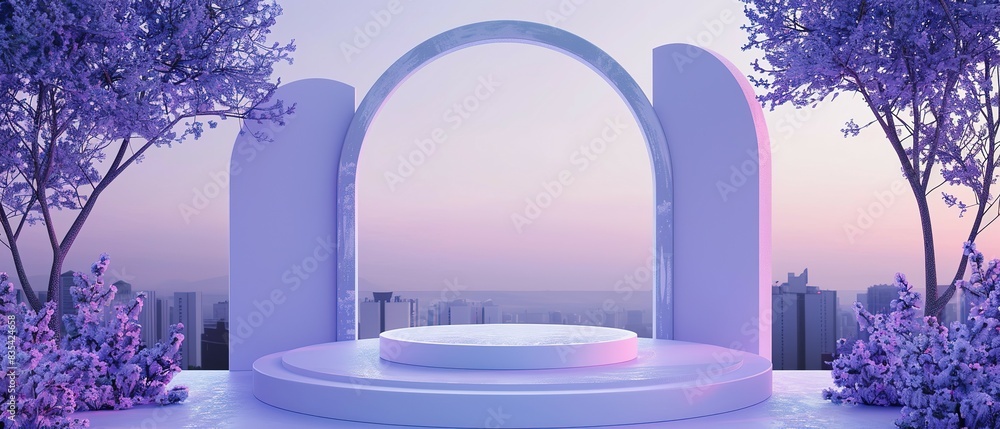 Empty product podium with a whimsical lavender lilac arch, matte paint finish, set against a twilight cityscape. empty stage rectangle podiums on beige background.