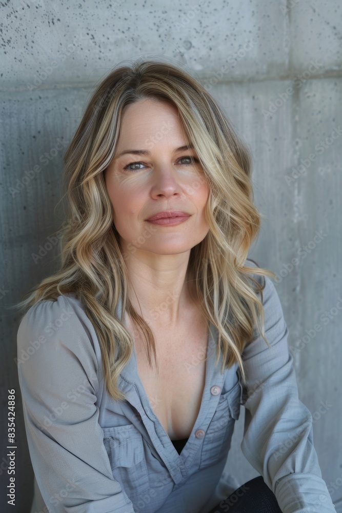 Mature woman with a confident and serene expression, portraying strength and beauty with a modern background, symbolizing empowered aging Mature woman with a confident and serene expression, portraying strength and beauty with a modern background, symbolizing empowered aging