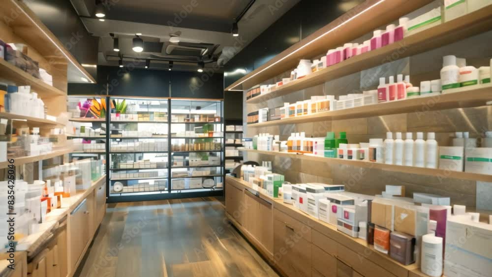 A store displaying numerous shelves packed with various bottles of products, creating a busy and organized environment, A section dedicated to health and wellness products A store displaying numerous shelves packed with various bottles of products, creating a busy and organized environment, A section dedicated to health and wellness products