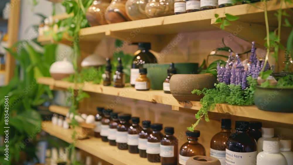 A shelf holding numerous bottles and various plants in a health and wellness section, A section dedicated to health and wellness products A shelf holding numerous bottles and various plants in a health and wellness section, A section dedicated to health and wellness products
