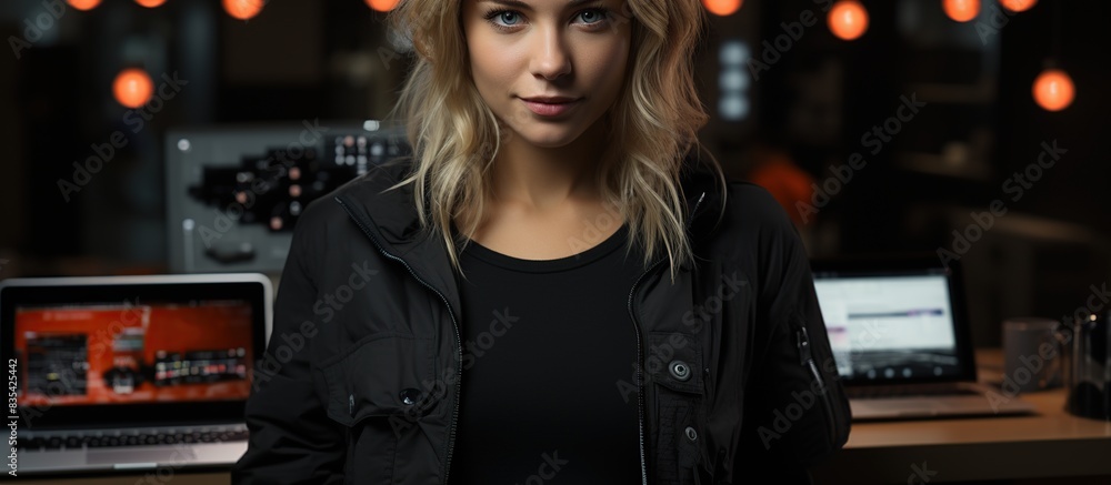 portrait of a young girl in a black leather jacket Top view of empty space portrait of a young girl in a black leather jacket Top view of empty space