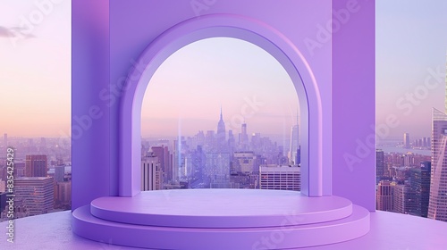 Empty product podium with a whimsical lavender lilac arch  matte paint finish  set against a twilight cityscape. empty stage rectangle podiums on beige background.