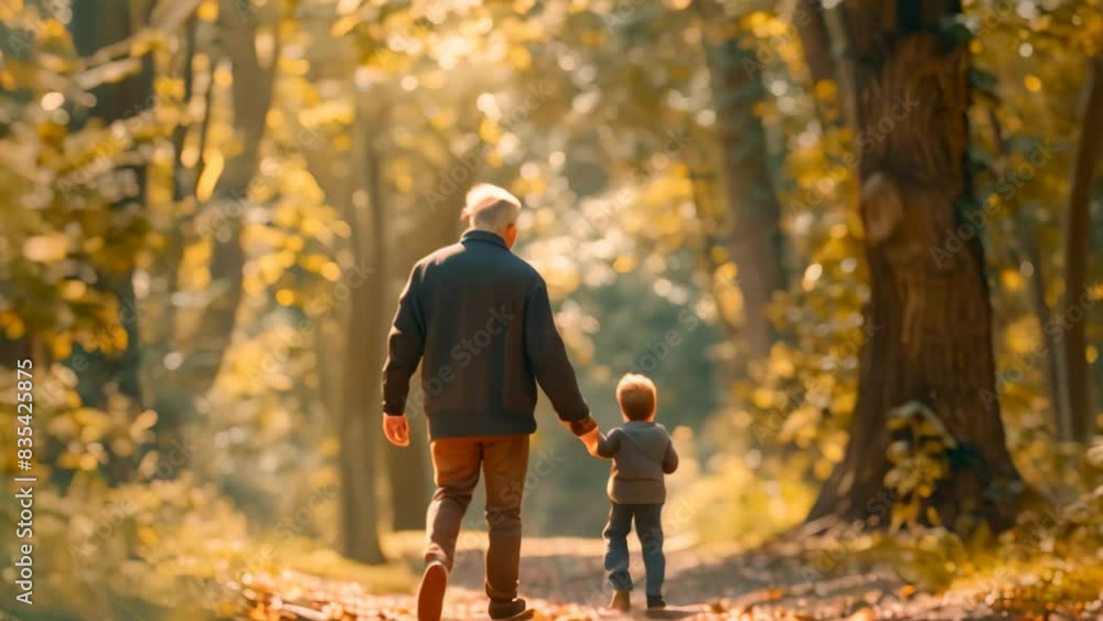 An older man and a young child hold hands as they walk through the forest, A senior holding hands with a grandchild while walking through a sunlit forest path An older man and a young child hold hands as they walk through the forest, A senior holding hands with a grandchild while walking through a sunlit forest path