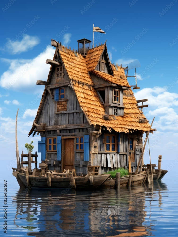 Obraz premium an old wooden house floating on the water 